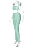 Green Sexy Solid Patchwork Halter Sleeveless Two Pieces
