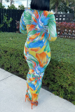 Green Sexy Print Patchwork Turndown Collar Pencil Skirt Dresses