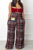 Black Red Casual Print Patchwork Backless Spaghetti Strap Regular Jumpsuits