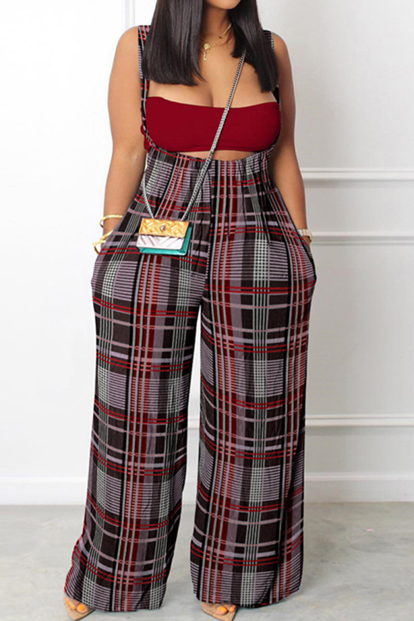 Black Red Casual Print Patchwork Backless Spaghetti Strap Regular Jumpsuits