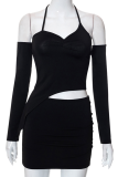 Black Sexy Solid Hollowed Out Halter Long Sleeve Two Pieces