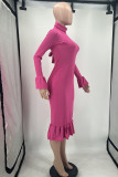 Yellow Sexy Solid Bandage Patchwork Backless Flounce Turtleneck Trumpet Mermaid Dresses