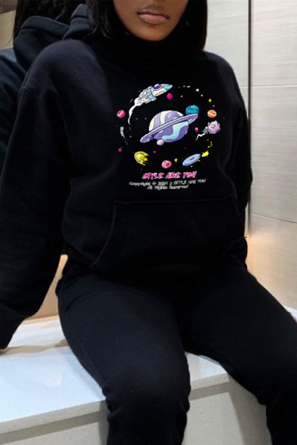 Black Casual Print Patchwork Hooded Collar Tops
