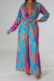 Fuchsia Sexy Print Patchwork V Neck Straight Jumpsuits
