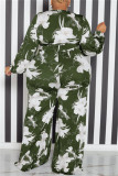 Army Green Casual Print Patchwork V Neck Plus Size Jumpsuits