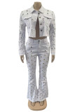 White Casual Solid Ripped Patchwork Turndown Collar Long Sleeve Two Pieces