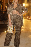 Glitter Gold Casual Print Patchwork Buckle Turndown Collar Long Sleeve Three Pieces