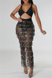 Pink Sexy Patchwork Bandage Hollowed Out Sequins Backless V Neck Sleeveless Dress