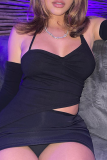 Black Sexy Solid Hollowed Out Halter Long Sleeve Two Pieces