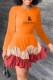 Orange Sweet Print Patchwork O Neck Pleated Dresses