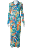 Green Sexy Print Patchwork Turndown Collar Pencil Skirt Dresses