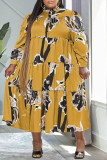 Light Coffee Casual Print Patchwork O Neck Long Sleeve Plus Size Dresses