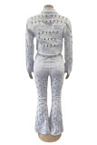 White Casual Solid Ripped Patchwork Turndown Collar Long Sleeve Two Pieces