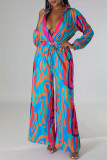 Fuchsia Sexy Print Patchwork V Neck Straight Jumpsuits