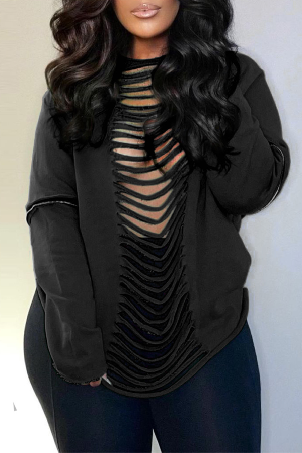 Black Sexy Solid Hollowed Out O Neck Tops