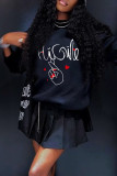 Black Casual Print Patchwork O Neck Tops