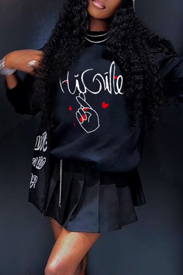 Black Casual Print Patchwork O Neck Tops