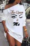 White Casual Letter Print Patchwork Oblique Collar Long Sleeve Dresses