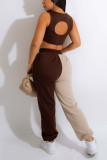 Brown Casual Sportswear Solid Patchwork Backless Asymmetrical O Neck Sleeveless Two Pieces
