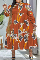 Orange Casual Print Patchwork O Neck Long Sleeve Plus Size Dresses