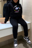 Black Casual Print Patchwork Hooded Collar Tops