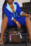 Blue Casual Solid Patchwork Turndown Collar Long Sleeve Two Pieces