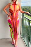 Red Sexy Patchwork Tie-dye Halter Pencil Skirt Dresses