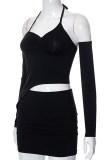 Black Sexy Solid Hollowed Out Halter Long Sleeve Two Pieces