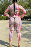 Pink Casual Print Patchwork Buckle Turndown Collar Long Sleeve Two Pieces