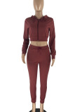 Burgundy Casual Solid Patchwork Zipper Hooded Collar Long Sleeve Two Pieces