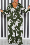 Green Casual Print Patchwork V Neck Plus Size Jumpsuits