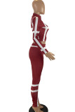Burgundy Casual Print Patchwork Zipper Zipper Collar Long Sleeve Two Pieces