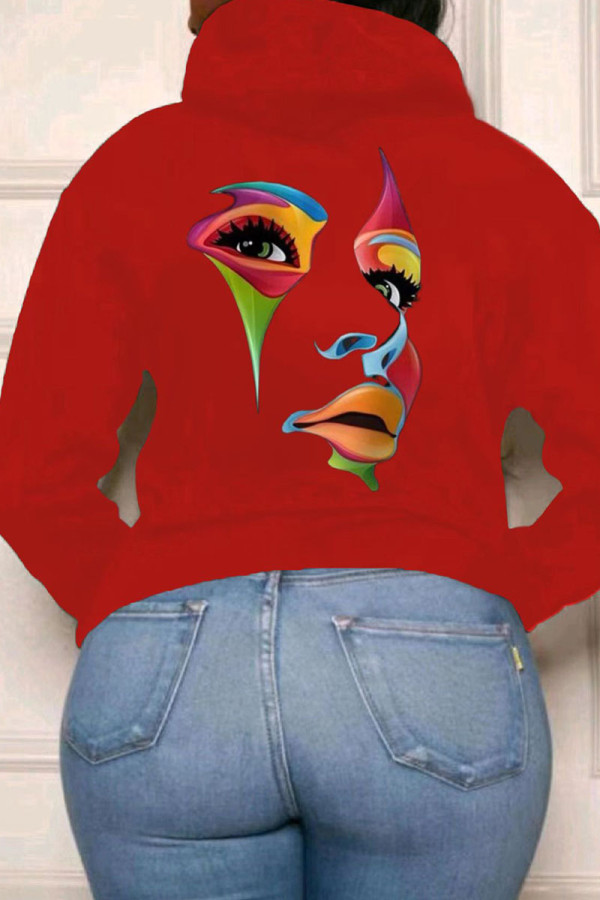 Red Casual Street Print Patchwork Hooded Collar Tops
