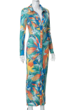 Green Sexy Print Patchwork Turndown Collar Pencil Skirt Dresses