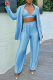 Blue Casual Solid Patchwork Turndown Collar Long Sleeve Three Pieces