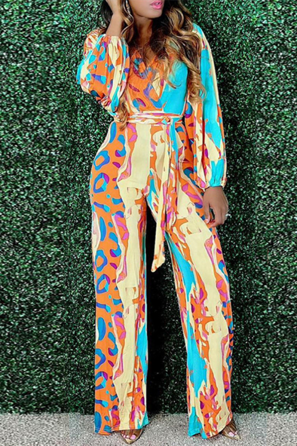 Colour Casual Print Patchwork V Neck Regular Jumpsuits