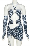Black Sexy Print Bandage Hollowed Out Strapless Long Sleeve Dresses