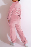 Pink Casual Solid Patchwork Zipper Collar Long Sleeve Two Pieces