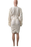 Pink Casual Street Solid Patchwork Fold Asymmetrical V Neck One Step Skirt Dresses