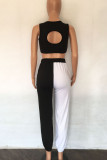 Black Casual Sportswear Solid Patchwork Backless Asymmetrical O Neck Sleeveless Two Pieces