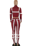 Burgundy Casual Print Patchwork Zipper Zipper Collar Long Sleeve Two Pieces