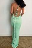 Green Sexy Solid Patchwork Halter Sleeveless Two Pieces