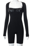 Black Sexy Solid Patchwork Square Collar Skinny Rompers