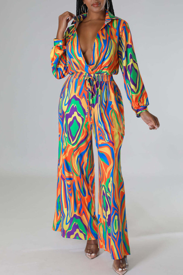 Orange Sexy Print Patchwork V Neck Straight Jumpsuits