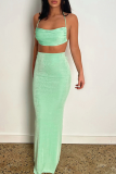 Green Sexy Solid Patchwork Halter Sleeveless Two Pieces