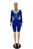 Blue Casual Solid Patchwork Turndown Collar Long Sleeve Two Pieces