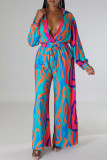 Fuchsia Sexy Print Patchwork V Neck Straight Jumpsuits