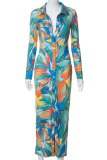 Green Sexy Print Patchwork Turndown Collar Pencil Skirt Dresses