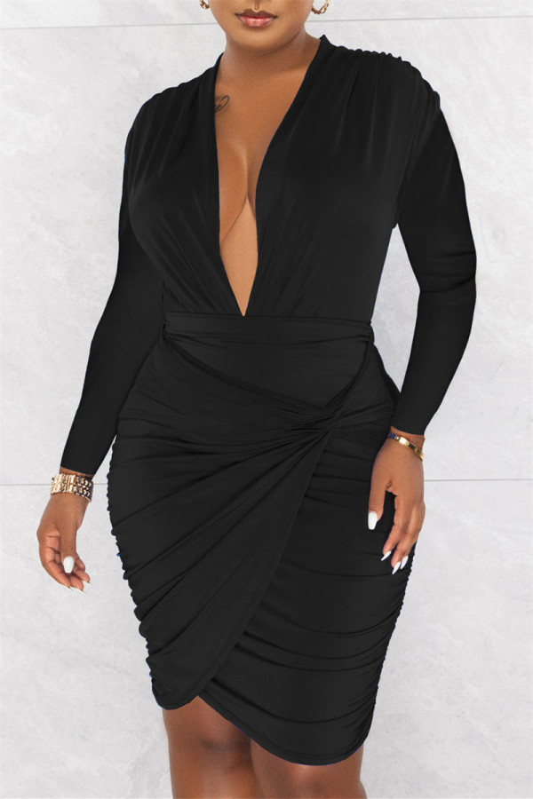 Black Casual Solid Patchwork Fold V Neck Long Sleeve Dresses