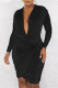 Black Casual Solid Patchwork Fold V Neck Long Sleeve Dresses